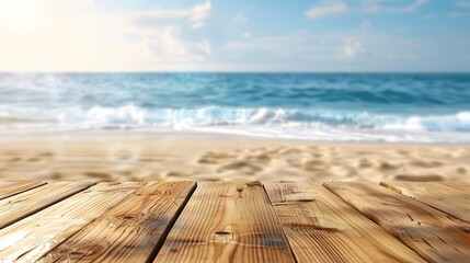 Wall Mural - Empty Wooden Planks With Blur Beach And Sea On background