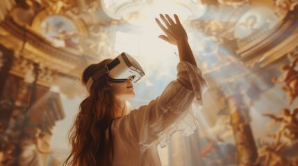 Wall Mural - Virtual reality glasses on a woman. Augmented reality technology. AI generated content