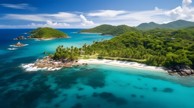 Aerial view of beautiful tropical island with white sand beach, turquoise sea and blue sky.