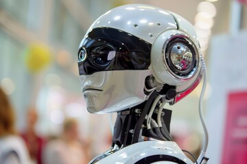 Aufkleber - Detailed shot of a robotic head with a sophisticated camera eye, set in a sleek futuristic design
