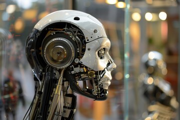 Aufkleber - A detailed close-up of a robot head, showcasing advanced robotics technology and artificial intelligence in a laboratory setting