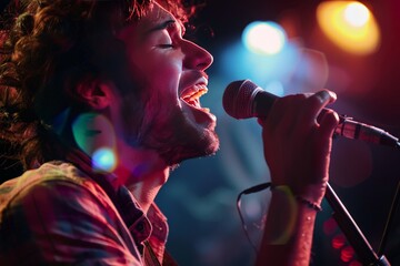 A male singer holding a microphone with stage lights in the background creates an engaging atmosphere at a live music event