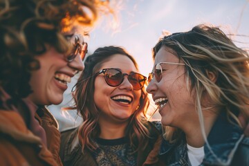 Wall Mural - Three joyful women share a laugh in natural lighting, showcasing happiness and friendship