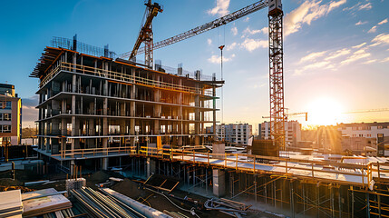 Poster - construction site for a large building with a clear blue sky background