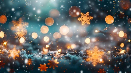 Wall Mural - Festive Winter Wonderland background with delicate snowflakes and warm fairy lights, capturing the cozy and magical essence of the winter holiday season