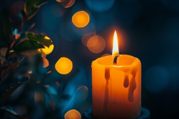 Aufkleber - A warm, orange candle burns brightly with a bokeh background, giving a sense of peace and serenity