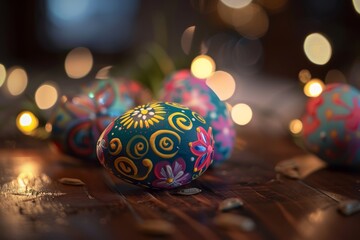 Wall Mural - This is a fantastic Easter painted egg in a glass egg on blue background. I wish you a happy Easter. This is a magical,generative AI.