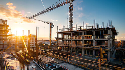 Poster - construction site for a large building with a clear blue sky background