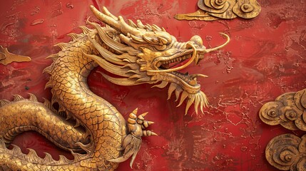 Wall Mural - Gold dragon zodiac with lanterns on red background for Chinese New Year 2024 card.