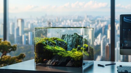 In the fish glass tank, wind turbines are used to generate renewable energy, producing clean, renewable power on the building site.