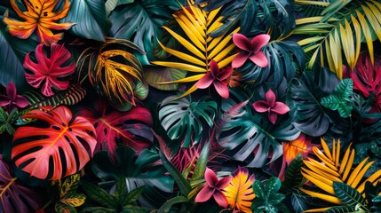 Wall Mural - Many brightly colorful tropical plants are on a black background. Exotic leaves and flowers