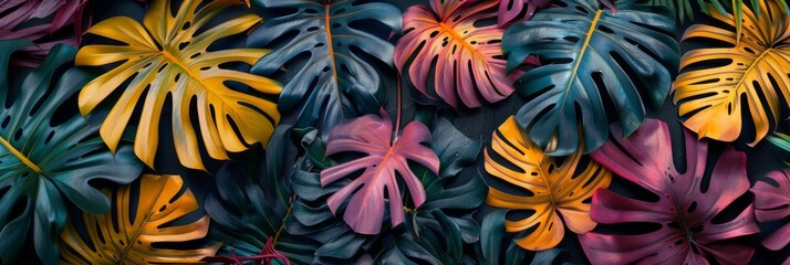 Many brightly colorful tropical plants are on a black background. Exotic leaves and flowers