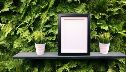 Wall Mural - black photo frame on greenery shelf blank mockup template signage generative ai