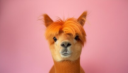 Wall Mural - advertising portrait banner funny alpaca with orange hair looks straight isolated on pink background