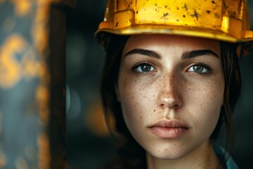 Wall Mural - female factory worker in hard hat Generative AI