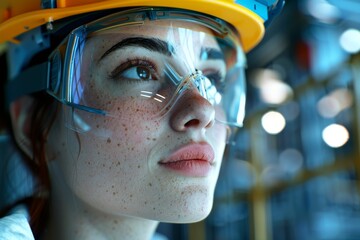 Wall Mural - female factory worker in hard hat Generative AI