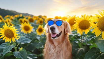 Poster - a dog wearing sunglasses sits in a sunflower field in summer golden retriever