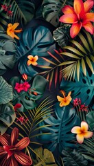 Wall Mural - Many brightly colorful tropical plants are on a black background. Exotic leaves and flowers