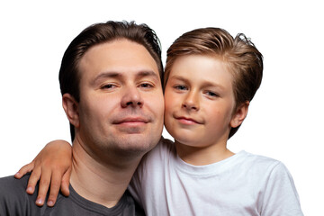 Canvas Print - Portrait of happy father and son isolated on white background