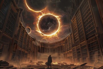 The artist standing in the mysterious library with the moon eclipse, in a digital art style, is illustrating the scene