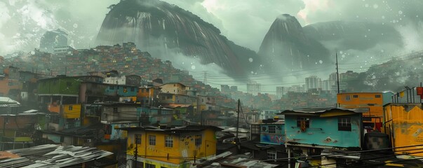 three-dimensional rendering of a future large favela or slum with mountains in the background.