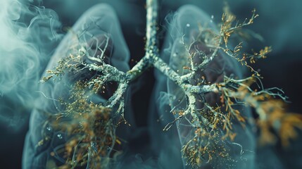 Wall Mural - High-definition close-up of diseased smoker's lung under microscope, highlighting harmful effects of smoking and poor air quality