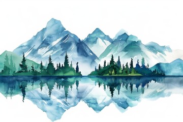 Illustration of the alps with a beautiful lake in the foreground, a masterpiece in watercolor, produced by large-scale stock.