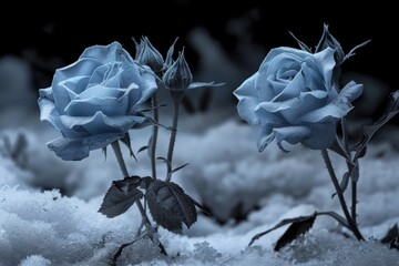 Canvas Print - Vintage classic blue roses bouquet with snow ice on blurred background. Love. Generated Stock.