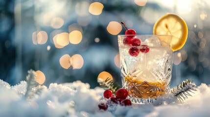 close up glass of cocktail on winter snow ground with red berry and lemon slice