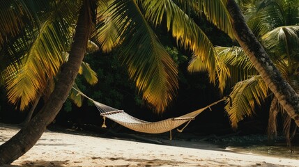Wall Mural - A hammock is swaying between two tall palm trees on a sandy beach, overlooking the crystalclear water and blue sky. The natural landscape is serene and perfect for relaxation AIG50