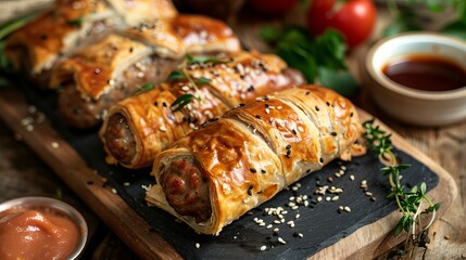 Wall Mural - Baked sausage in pastry with sesame seeds and sauce