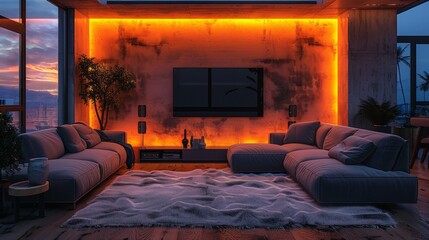 Wall Mural - Create a cozy yet contemporary living room retreat at night with a plush sofa, a big-screen TV, and LED strips