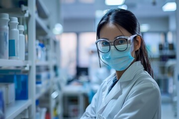 Aufkleber - A female scientist in a white lab coat, blurred face, stands amidst laboratory equipment in a professional research environment