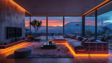 Wall Mural - Design a sleek modern living room with a modular sofa, a smart TV, and LED strips casting a gentle glow