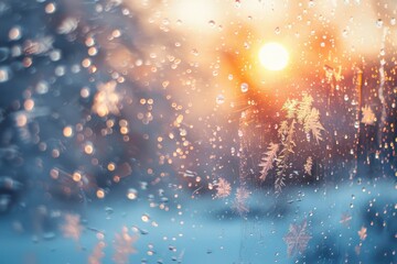 Aufkleber - Close-up of a frosted window with snowflakes and bokeh effect from the winter sunset