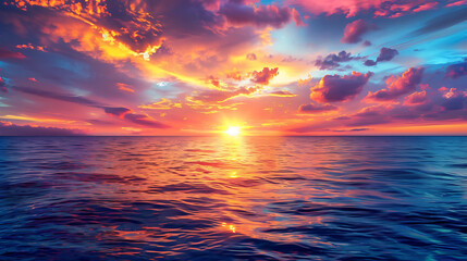 Poster - a panoramic sunset over the ocean, characterized by a vibrant sky with hues of orange, yellow, blue, and purple, accented by streaks of pink and red clouds