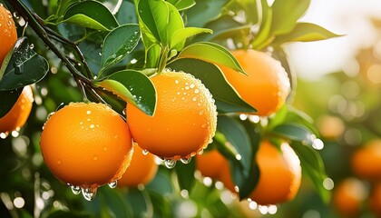 Wall Mural - orange fruits with water drops on green branches of orange trees close up outdoor generative ai