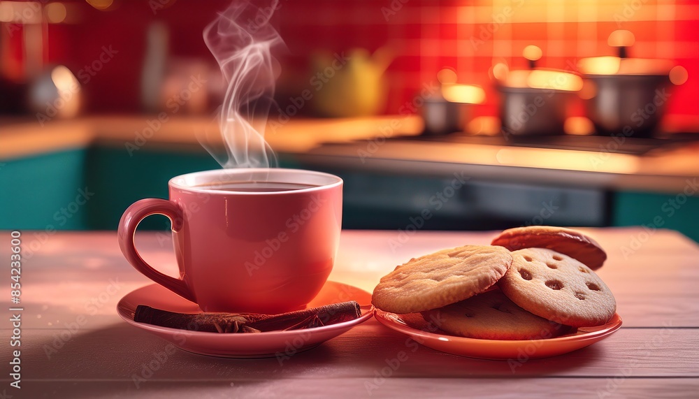 AI generated hot coffee and biscuits in a cozy kitchen setting ...