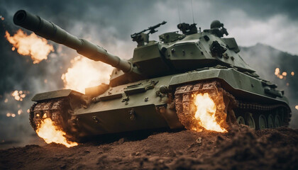 army tank with green camo with fictitious design at a battle scene with fire all around it, war theme