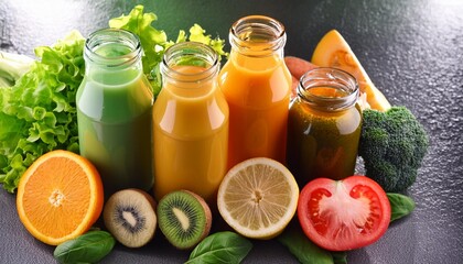 Wall Mural - fresh fruit and vegetable smoothies or juice in bottles with various ingredients around