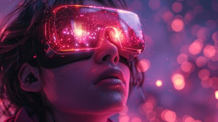 Sticker - Generate an atmospheric illustration featuring VR goggles users experiencing immersive storytelling enhanced by AI animations and spinning holographic effects.