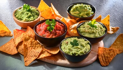 Wall Mural - vibrant assortment of fresh guacamole and salsa with tortilla chips