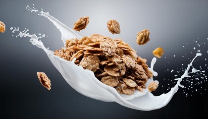 falling crunchy muesli breakfast oat granola with milk splash isolated on white background