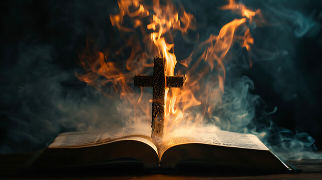 a metallic cross standing upright, engulfed in flames, on an open book. The dark background accentuates the bright fire and the cross’s silhouette