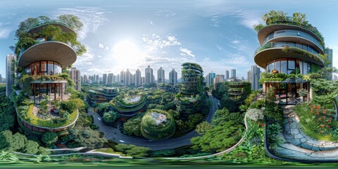 Wall Mural - An immersive 360-degree equirectangular spherical panorama of sustainable hydrogen-powered vehicles traversing eco-friendly cities, with lush greenery adorning streets
