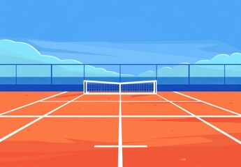 Tennis court with net and players in action during a competitive match under sunny skies