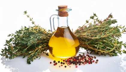 Wall Mural - olive oil bouquet of thyme and spices cut out on transparent background