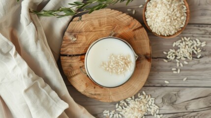 Alternative rice milk and seeds on wooden boards glass of rice milk on cloth vegan non dairy option on wood top down view