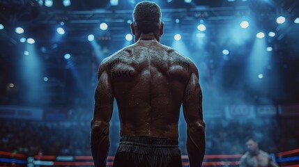 A muscular boxer seen from behind looking into the boxing ring, evoking determination and focus