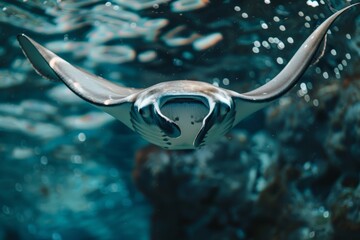 Wall Mural - Giant manta ray swimming through crystal clear ocean water